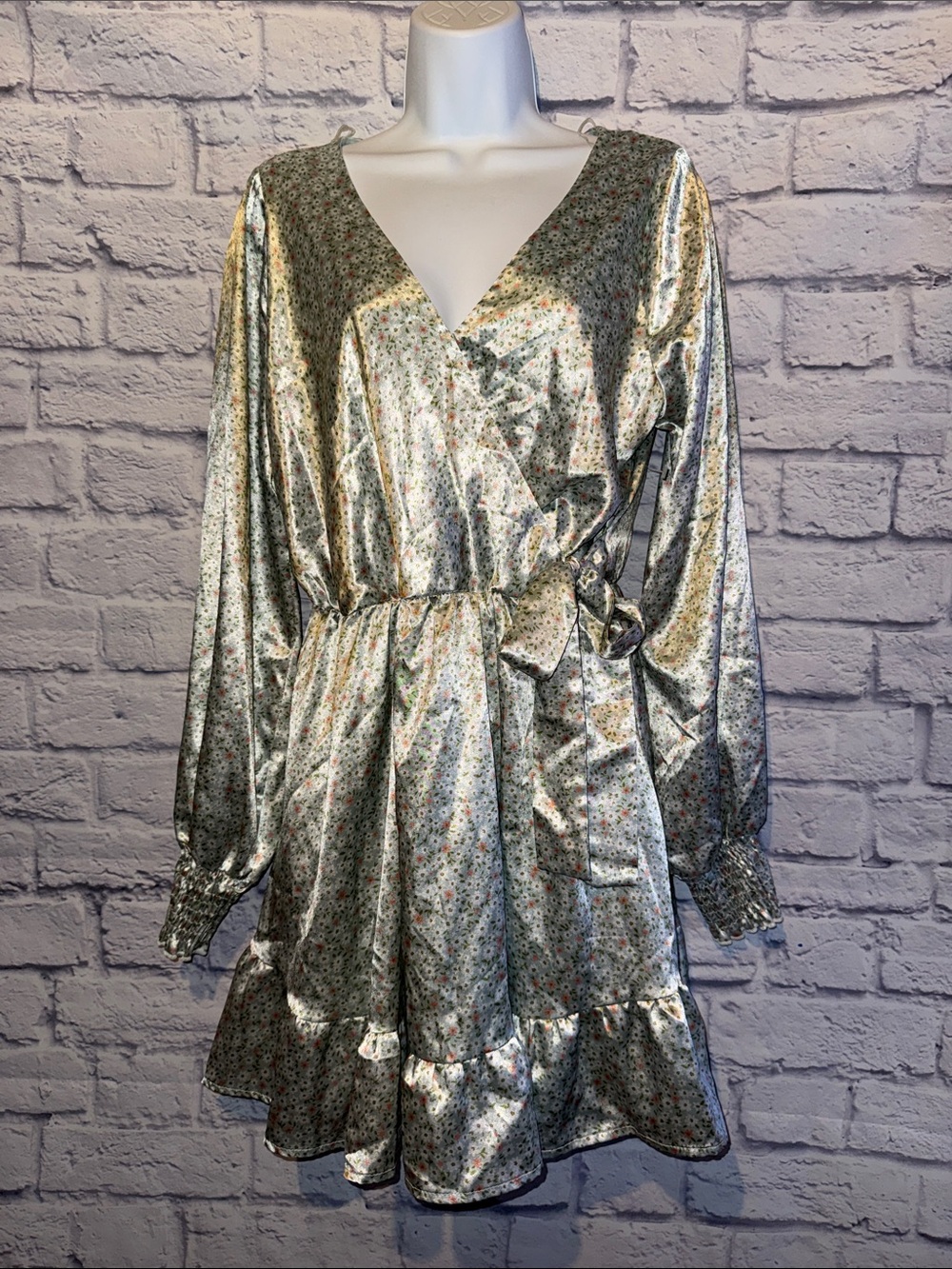 Altar'd State Mint Green Floral Satin Wrap Dress with Ruffle Hem